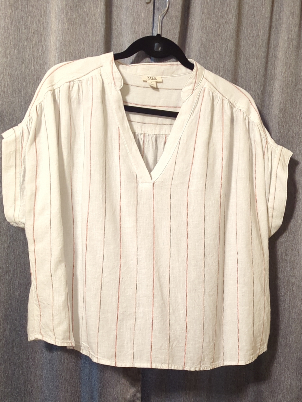 a.n.a Cream V-Neck Boxy Short Sleeve Top with Subtle Stripes